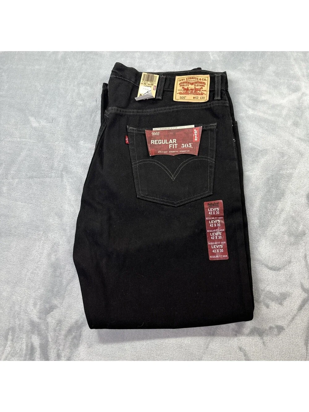 Levis 505 Black Jeans 42x30 Mens Regular Fit Straight Leg Denim Pants New